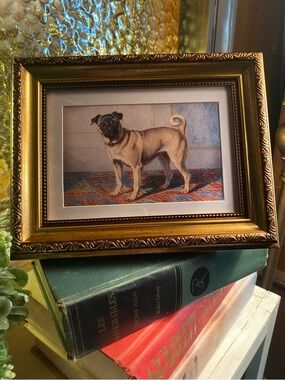 Framed Vintage Pug Dog Art Print in Gold Frame